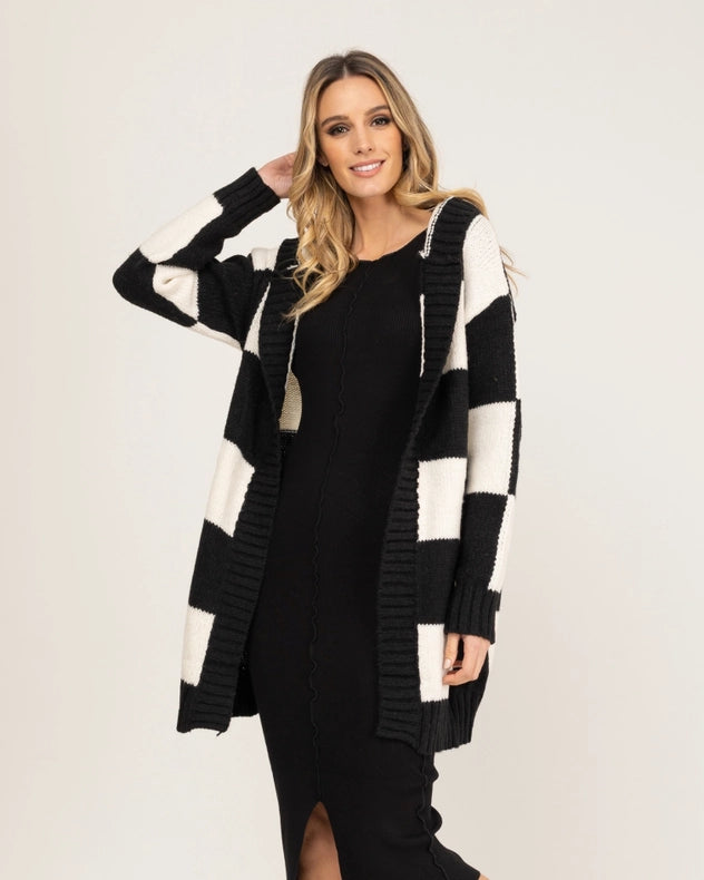 Checkered Knit Cardigan With Hood