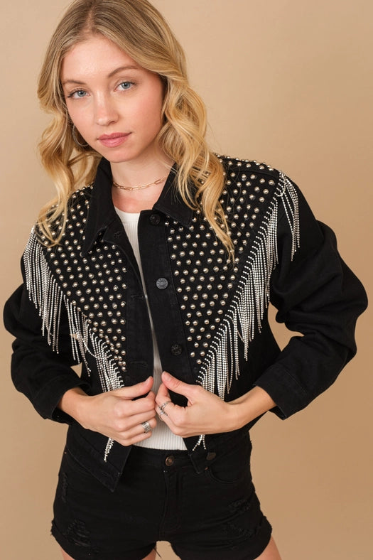 Chevron Beaded Fringe Crop Denim Jacket