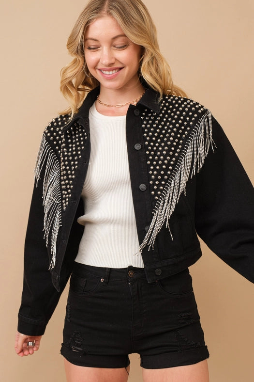 Chevron Beaded Fringe Crop Denim Jacket