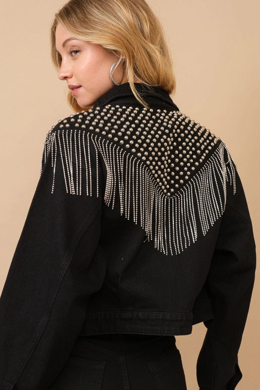 Chevron Beaded Fringe Crop Denim Jacket