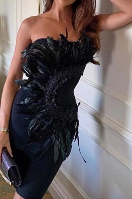 Chic Black Feathered Party Dress Ensemble