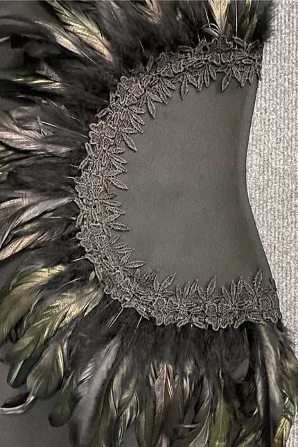 Chic Black Feathered Party Dress Ensemble