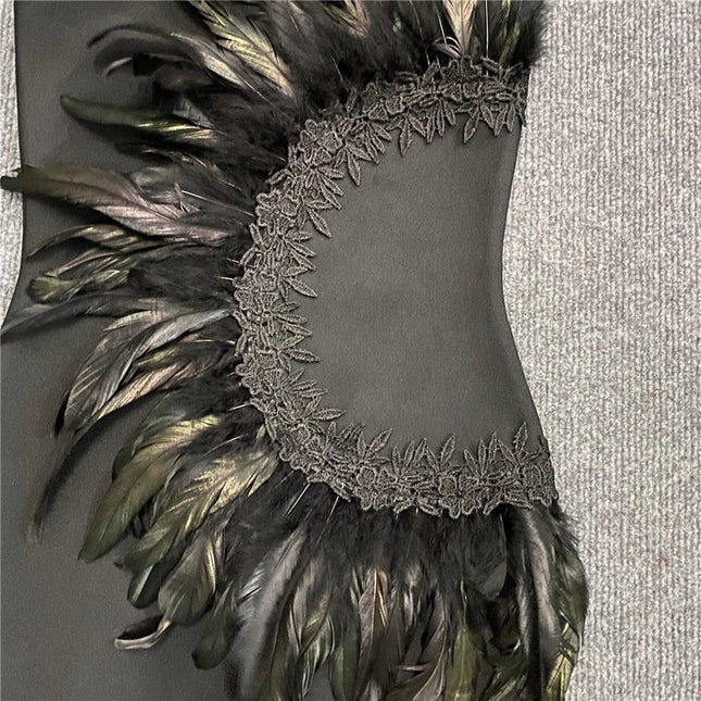 Chic Black Feathered Party Dress Ensemble