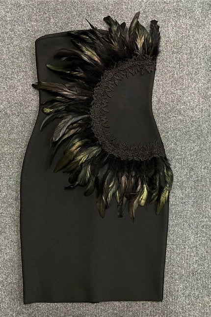 Chic Black Feathered Party Dress Ensemble