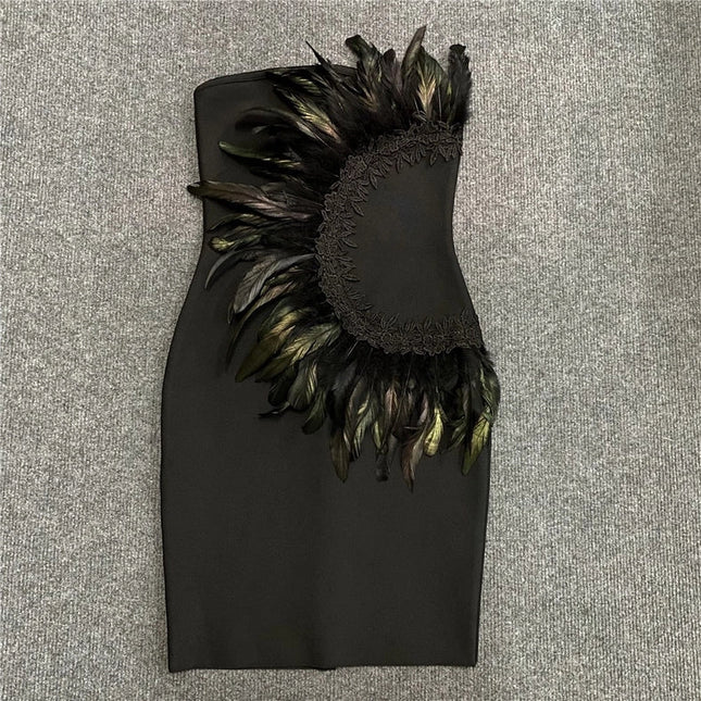 Chic Black Feathered Party Dress Ensemble