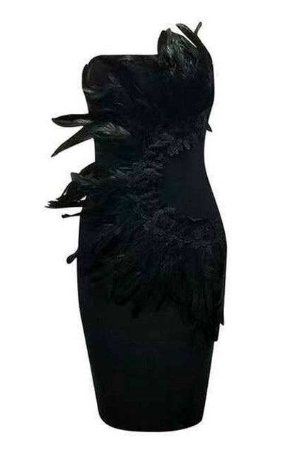 Chic Black Feathered Party Dress Ensemble