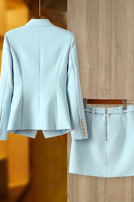 Chic Blue Suit Set: Jacket & Lace-Up Skirt