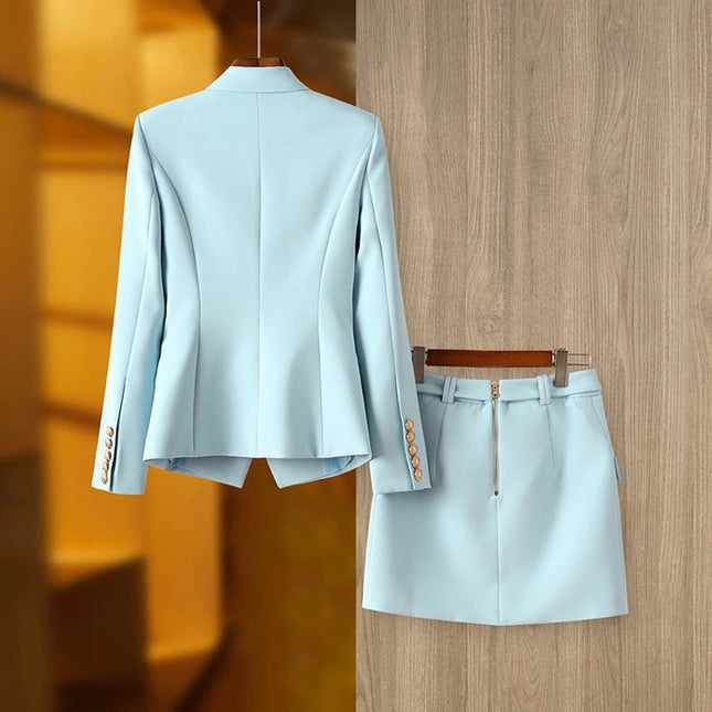 Chic Blue Suit Set: Jacket & Lace-Up Skirt