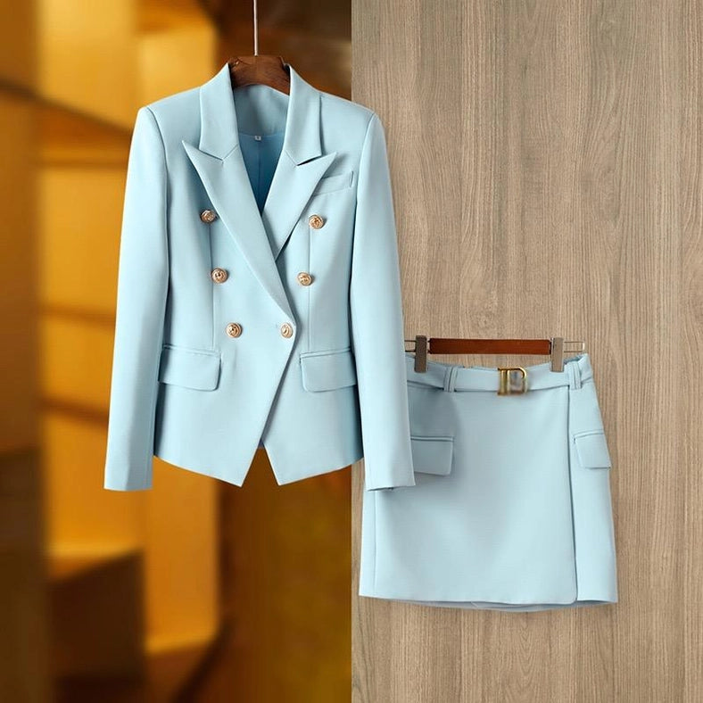 Chic Blue Suit Set: Jacket & Lace-Up Skirt