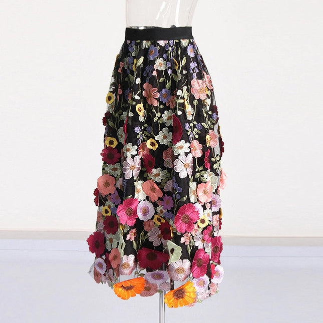 Chic Embroidered Floral A-Line Skirt