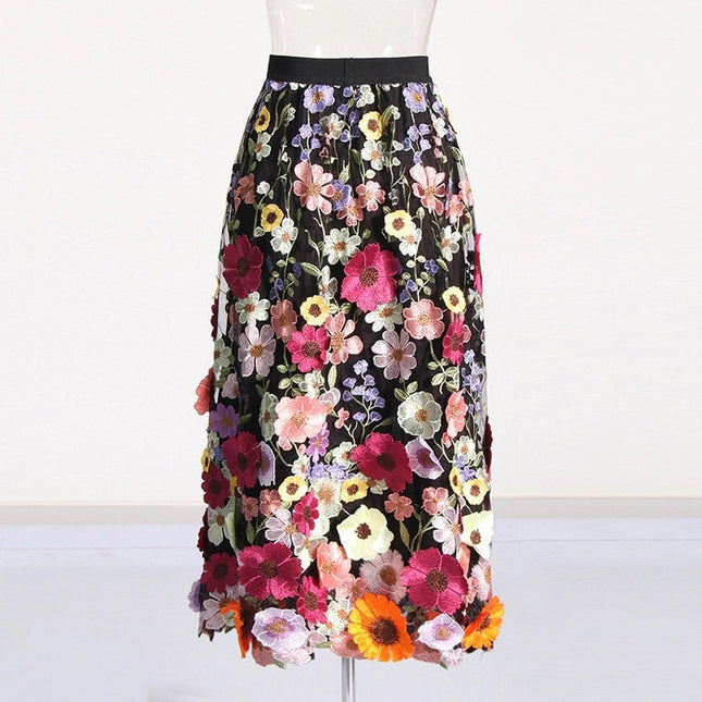 Chic Embroidered Floral A-Line Skirt