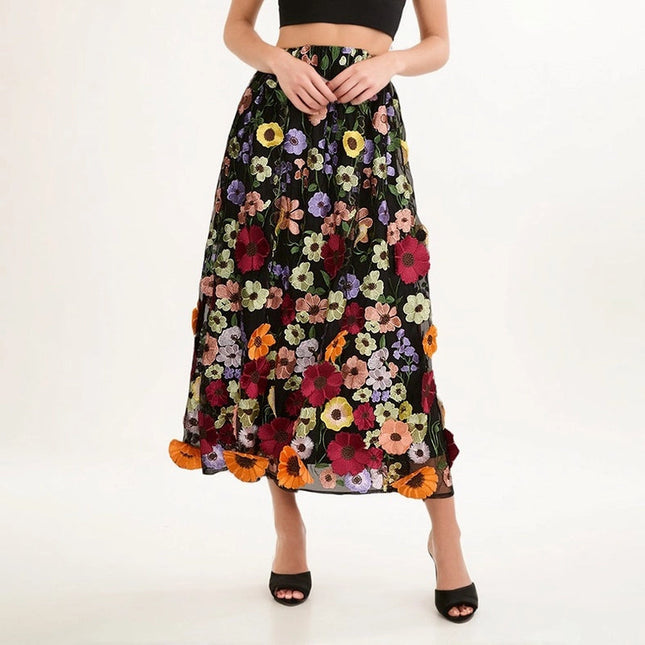 Chic Embroidered Floral A-Line Skirt