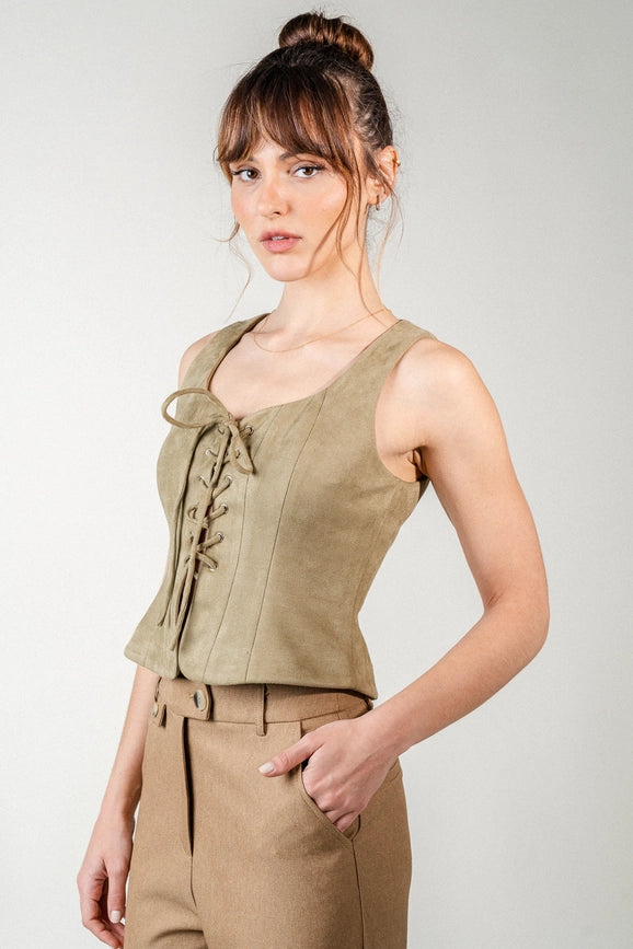 Chic Faux Suede Princess Line Front Tie Fit TOP OLIVE