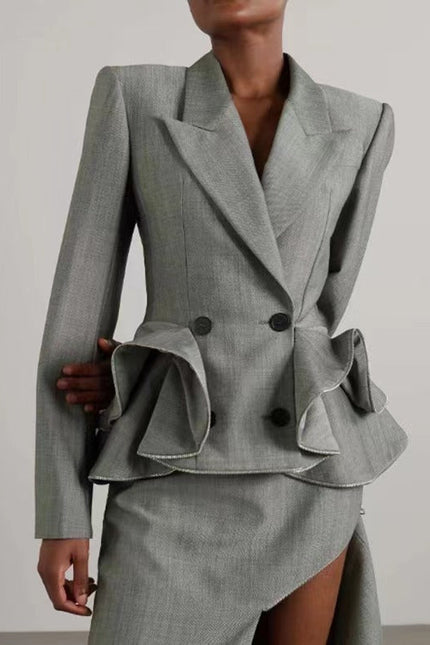 Chic Grey Ruffled Waist Slim Suit Jacket