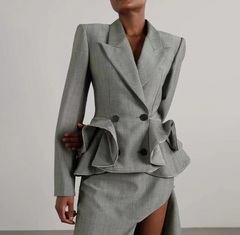 Chic Grey Ruffled Waist Slim Suit Jacket