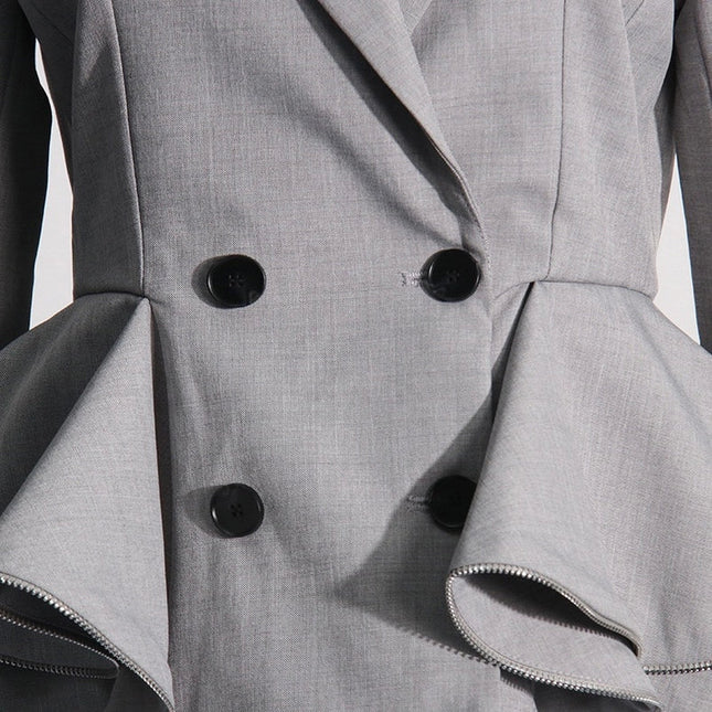 Chic Grey Ruffled Waist Slim Suit Jacket