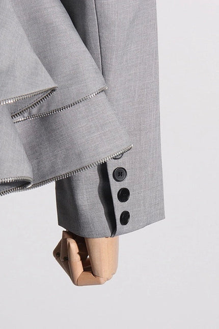 Chic Grey Ruffled Waist Slim Suit Jacket