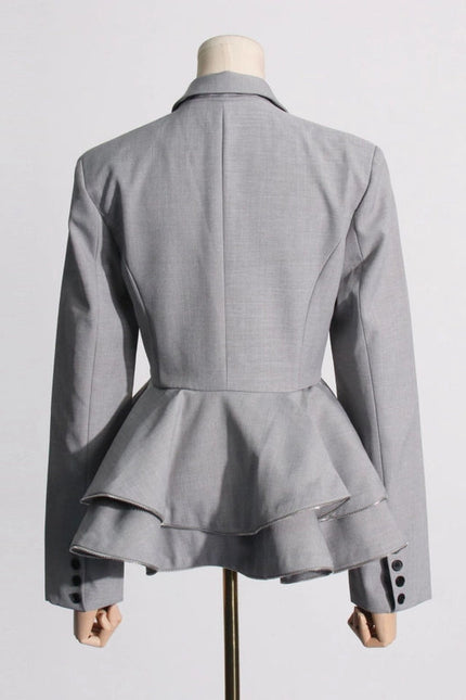 Chic Grey Ruffled Waist Slim Suit Jacket