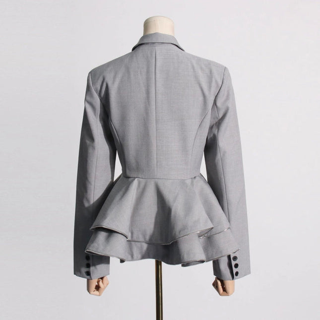 Chic Grey Ruffled Waist Slim Suit Jacket