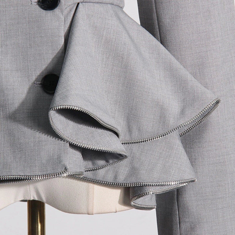 Chic Grey Ruffled Waist Slim Suit Jacket