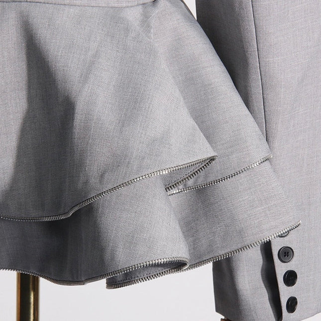 Chic Grey Ruffled Waist Slim Suit Jacket