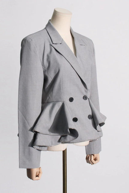 Chic Grey Ruffled Waist Slim Suit Jacket