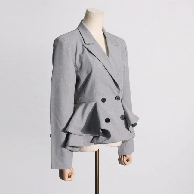 Chic Grey Ruffled Waist Slim Suit Jacket