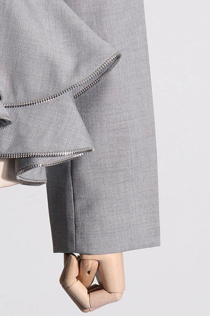 Chic Grey Ruffled Waist Slim Suit Jacket