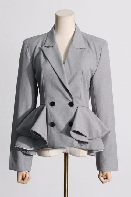 Chic Grey Ruffled Waist Slim Suit Jacket