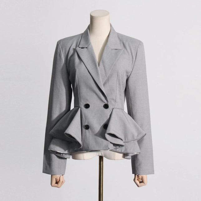 Chic Grey Ruffled Waist Slim Suit Jacket