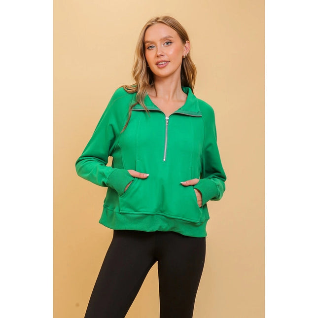 Chic Half Zip Pullover Sweatshirt with Stand Up Collar GREEN