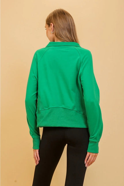 Chic Half Zip Pullover Sweatshirt with Stand Up Collar GREEN