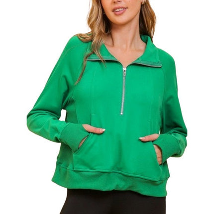 Chic Half Zip Pullover Sweatshirt with Stand Up Collar GREEN