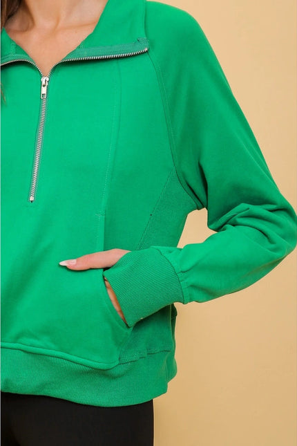 Chic Half Zip Pullover Sweatshirt with Stand Up Collar GREEN