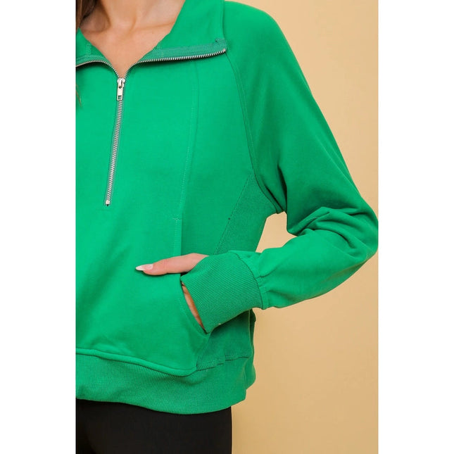 Chic Half Zip Pullover Sweatshirt with Stand Up Collar GREEN