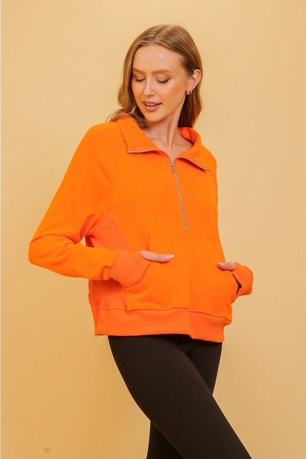 Chic Half Zip Pullover Sweatshirt with Stand Up Collar ORANGE