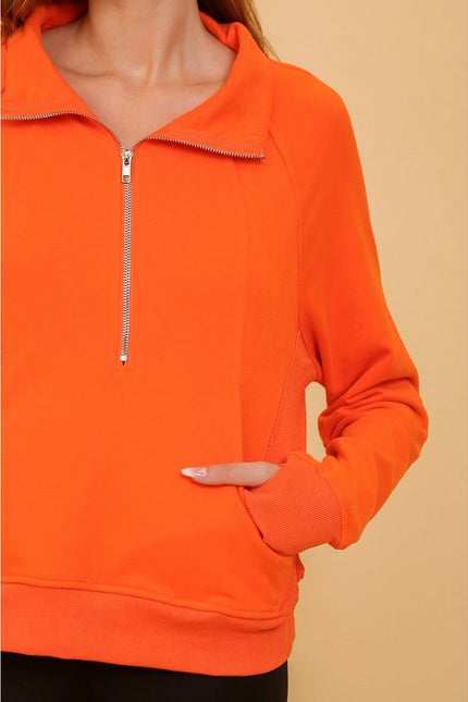 Chic Half Zip Pullover Sweatshirt with Stand Up Collar ORANGE