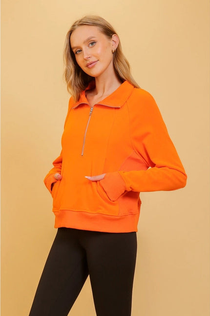 Chic Half Zip Pullover Sweatshirt with Stand Up Collar ORANGE