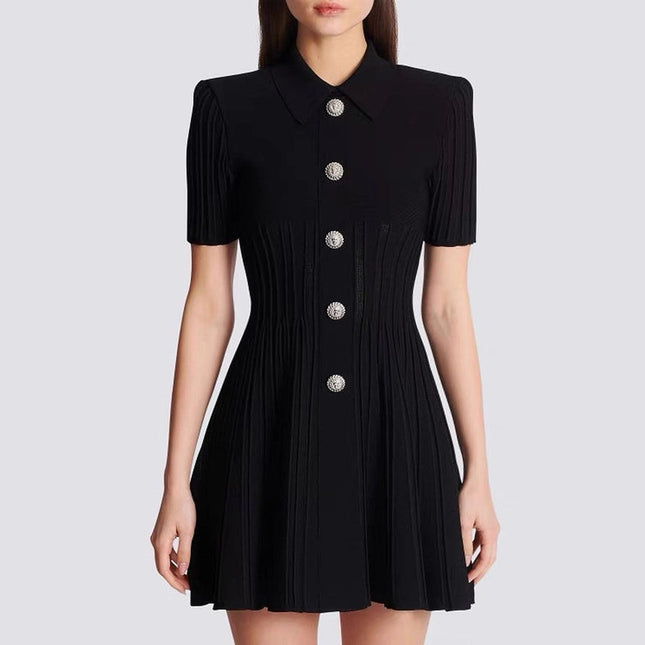 Chic Knitted Lapel A-Line Dress For Elegance Black