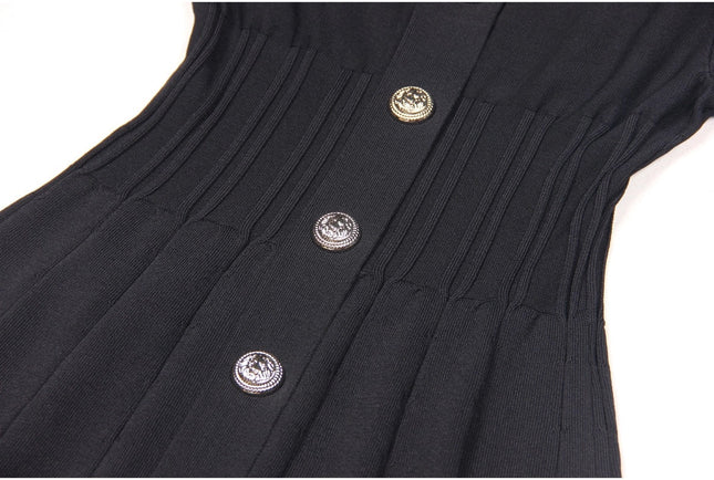 Chic Knitted Lapel A-Line Dress For Elegance Black