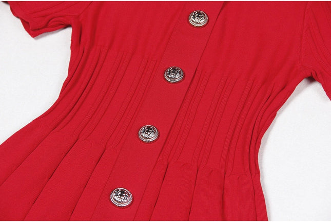 Chic Knitted Lapel A-Line Dress For Elegance Red