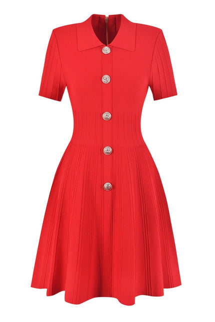 Chic Knitted Lapel A-Line Dress For Elegance Red