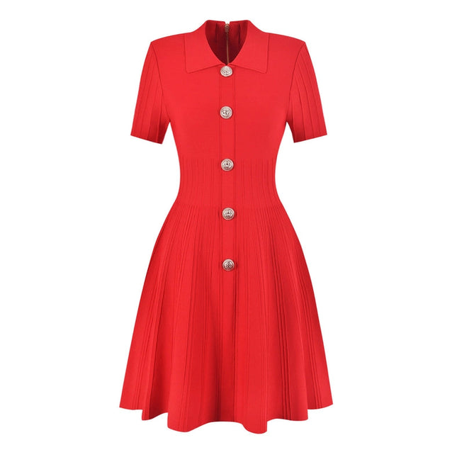 Chic Knitted Lapel A-Line Dress For Elegance Red