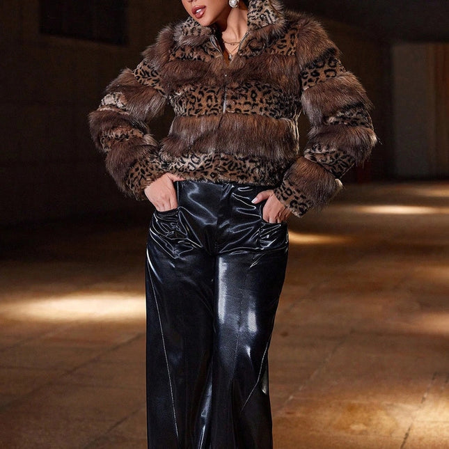 Chic Leopard Faux Fur Coat - Women’S Thick Top