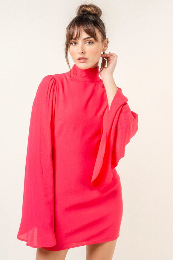 Chic Mock Neck Dramatic Flared Sleeve Mini DRESS FUCHSIA-Dress-Fore Collection-S-FUCHSIA-Urbanheer