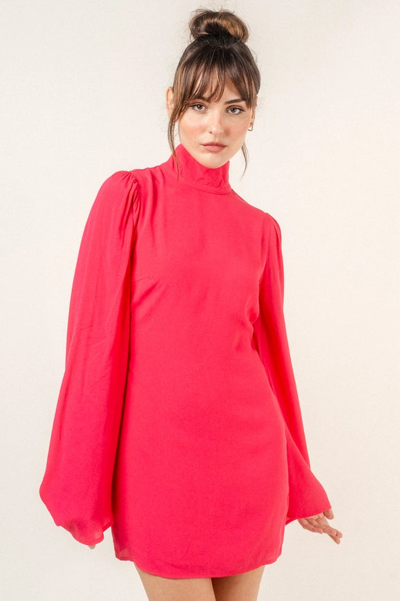 Chic Mock Neck Dramatic Flared Sleeve Mini DRESS FUCHSIA-Dress-Fore Collection-Urbanheer