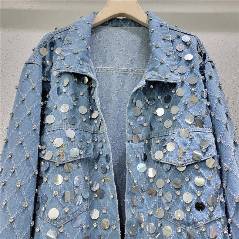 Chic Sequin Diamond Denim Jacket