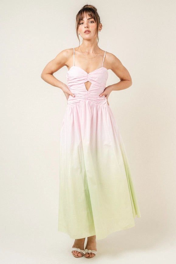 Chic Strappy Back Wrinkled Ombre Maxi Sundress-Dress-Fore Collection-S-Pink/Lime Ombre-Urbanheer