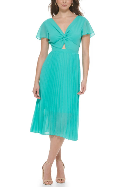 Chiffon Midi with Flutter Sleeve and Key Hole Detail-Dress-Kensie Dresses-2-AQUA SPRAY-Urbanheer