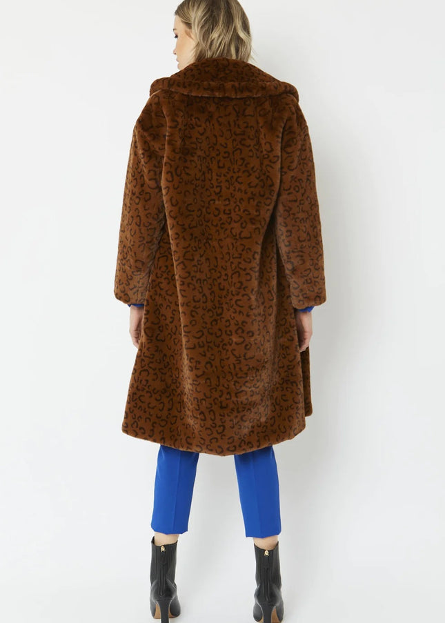 Chocolate Faux Fur Midi Shaved Shearling Coat-3